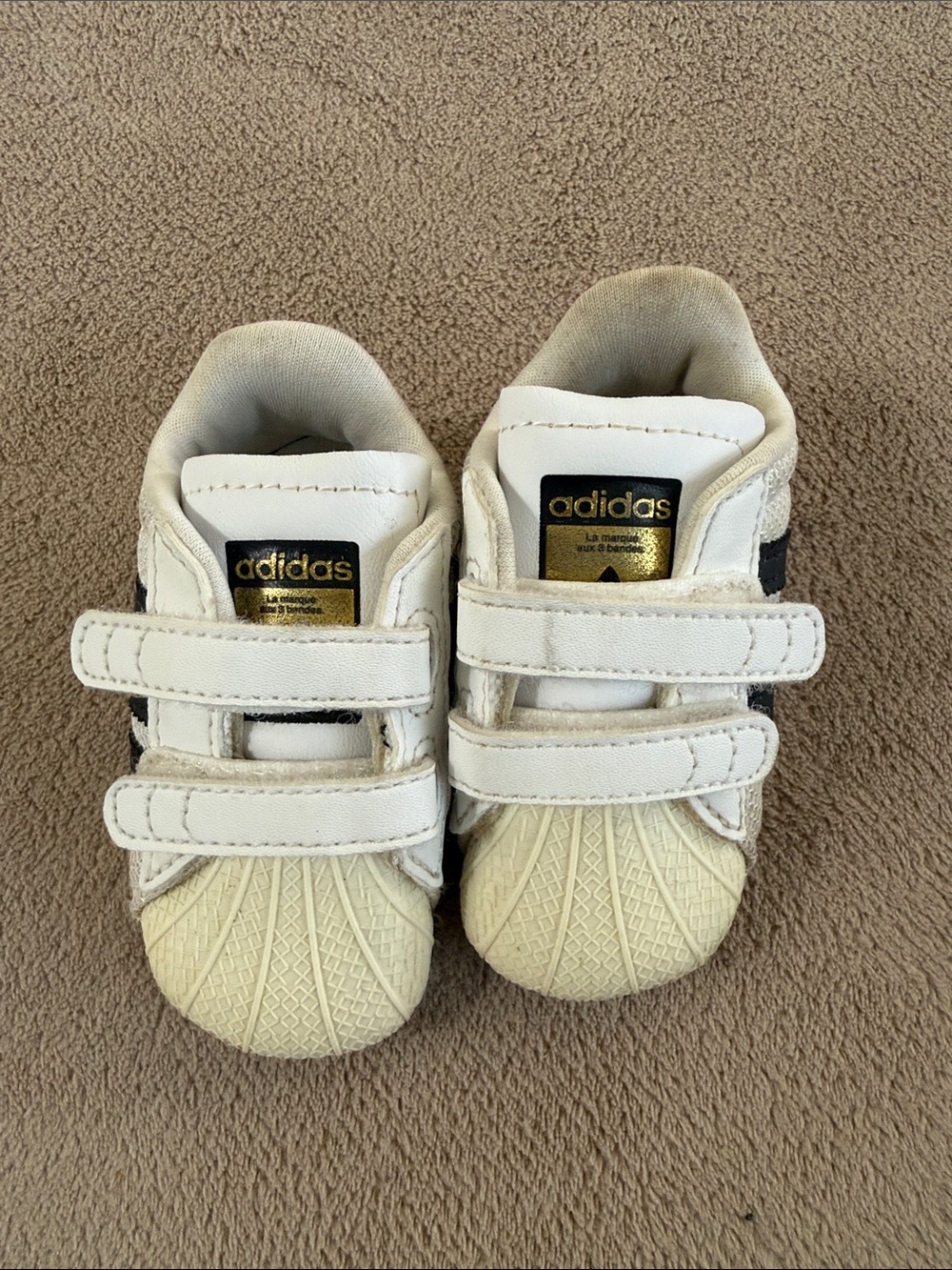 adidas Baby White & Black Velcro Shell-Toe Sneakers with Gold Logo- newborn